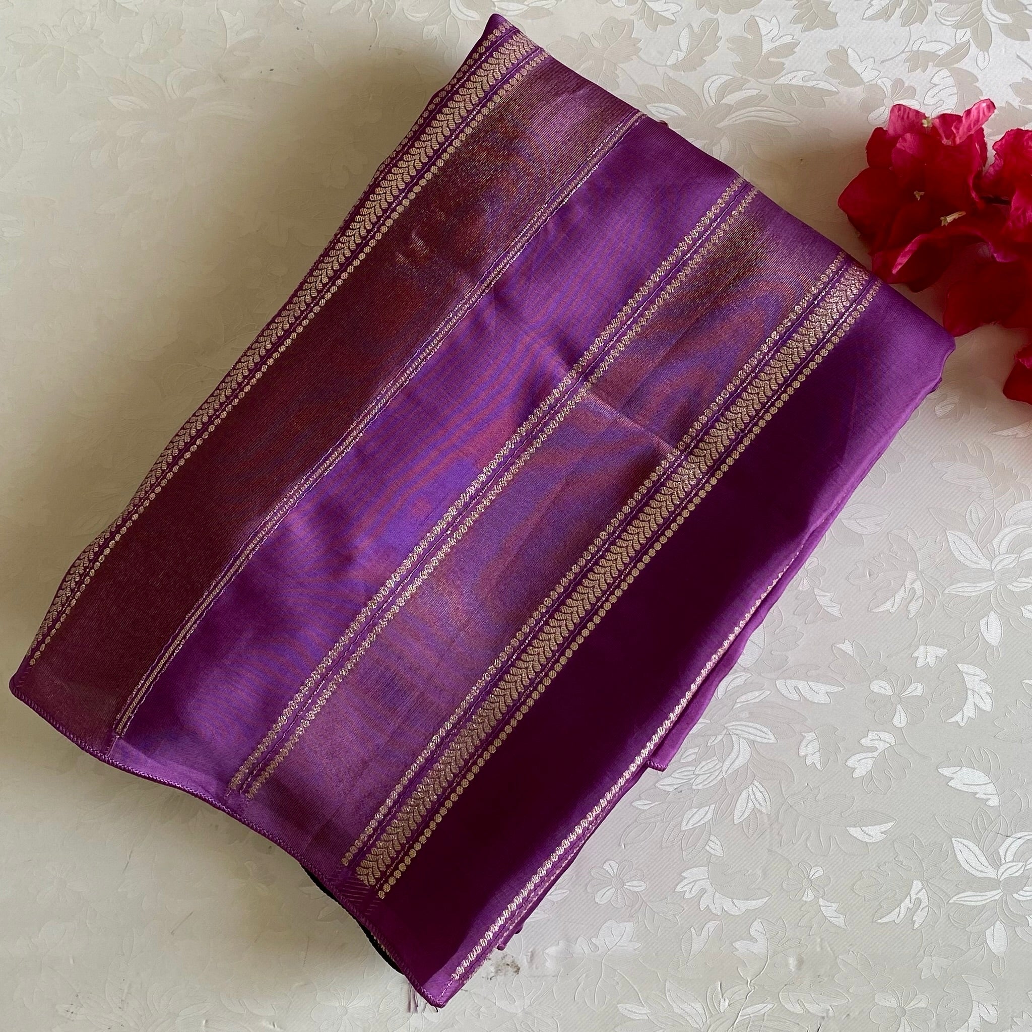 Metallic Lavender With Wine Soft Designer Saree With Gold Zari Striped Buttas