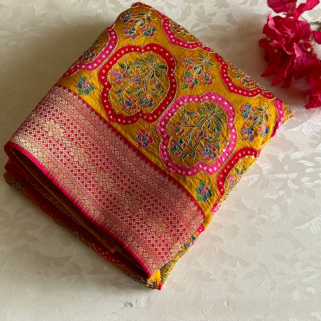 Designer Mustard Yellow Soft Tussar With Rich Meenakari Weave