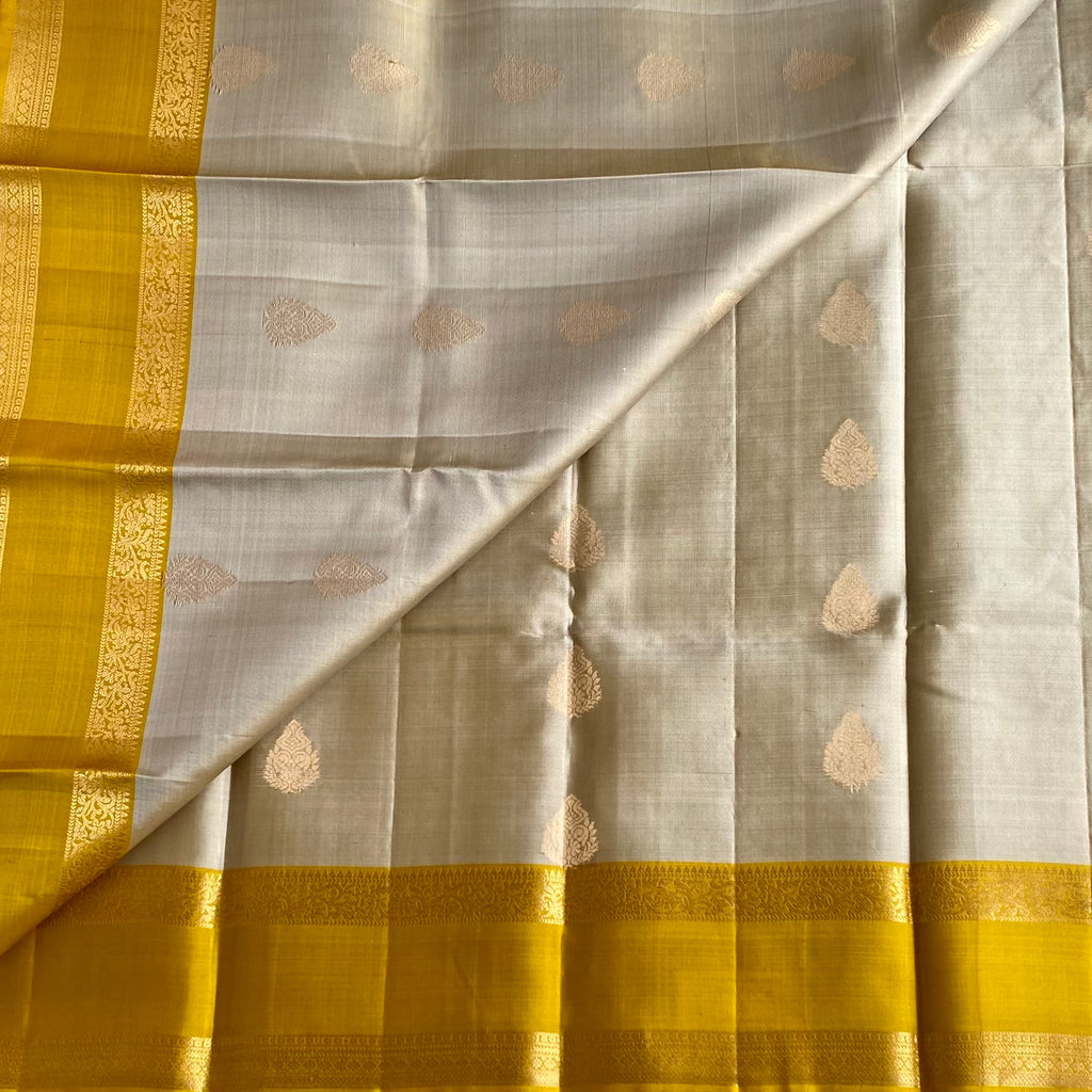 Silver Beige Designer Pure Silk Saree With Mustard Yellow Pallu