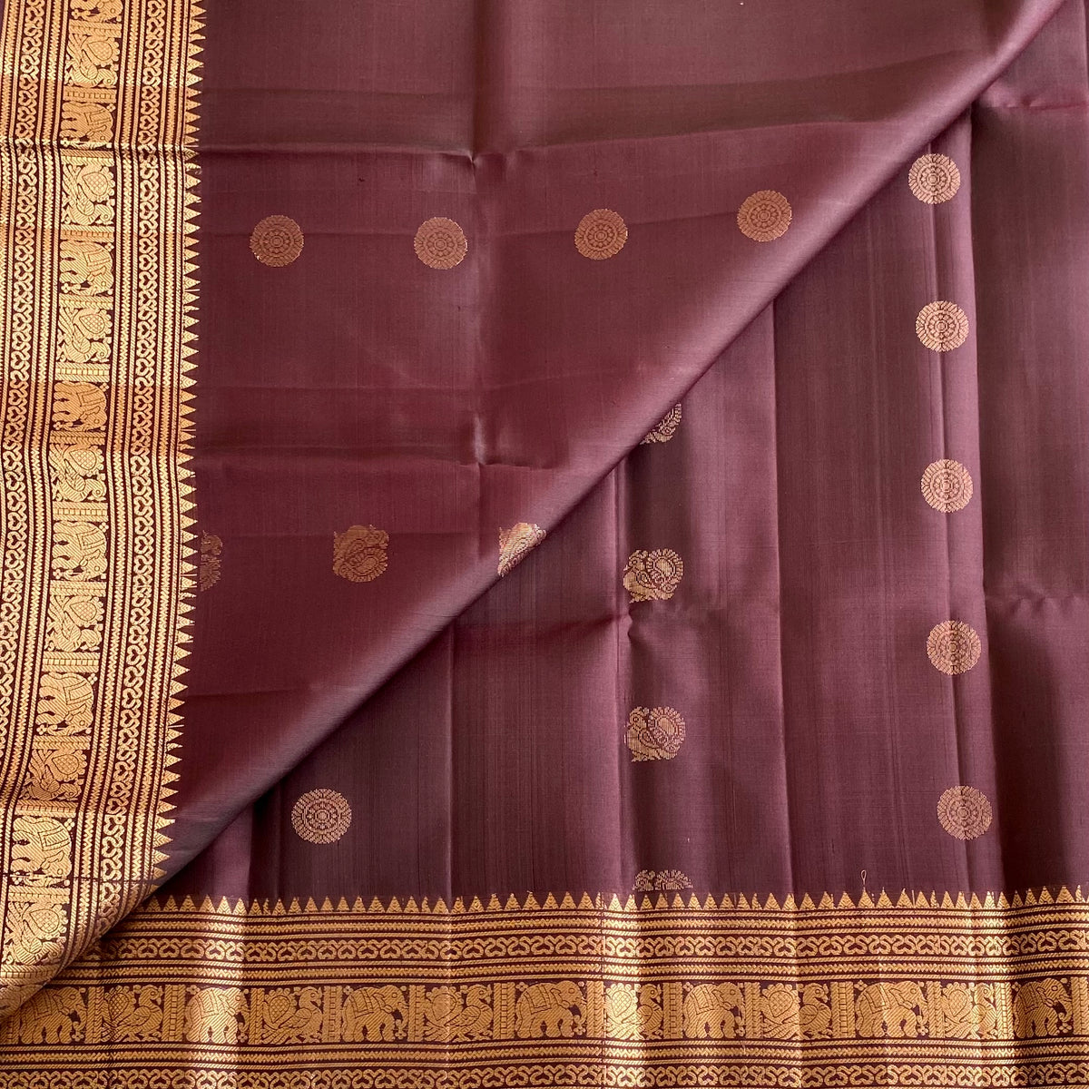 Deep Brownish Plum Antique Gold Designer Pure Silk Saree With Temple Borders
