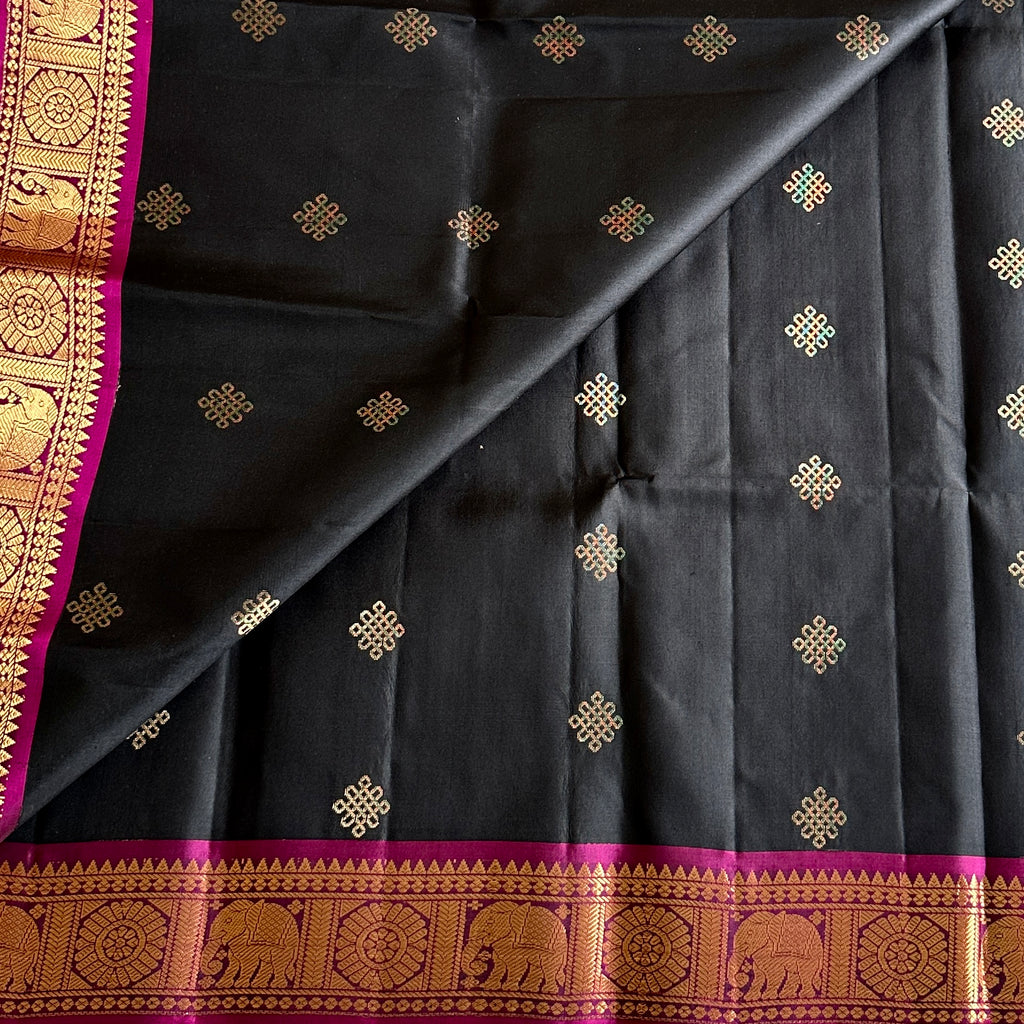 Jet Black Designer Pure Silk Kollam Zari Weave & Magenta Contrast