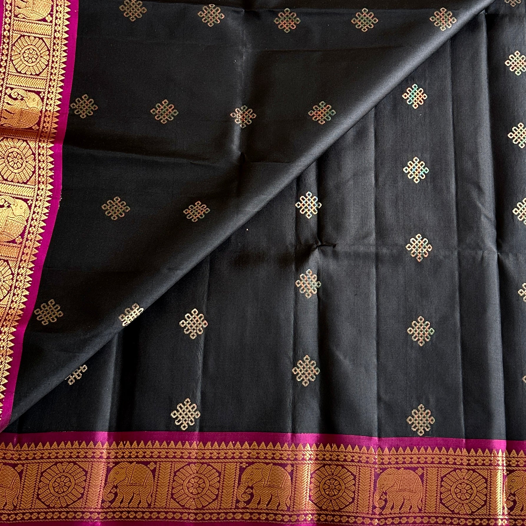 Jet Black Designer Pure Silk Kollam Zari Weave & Magenta Contrast