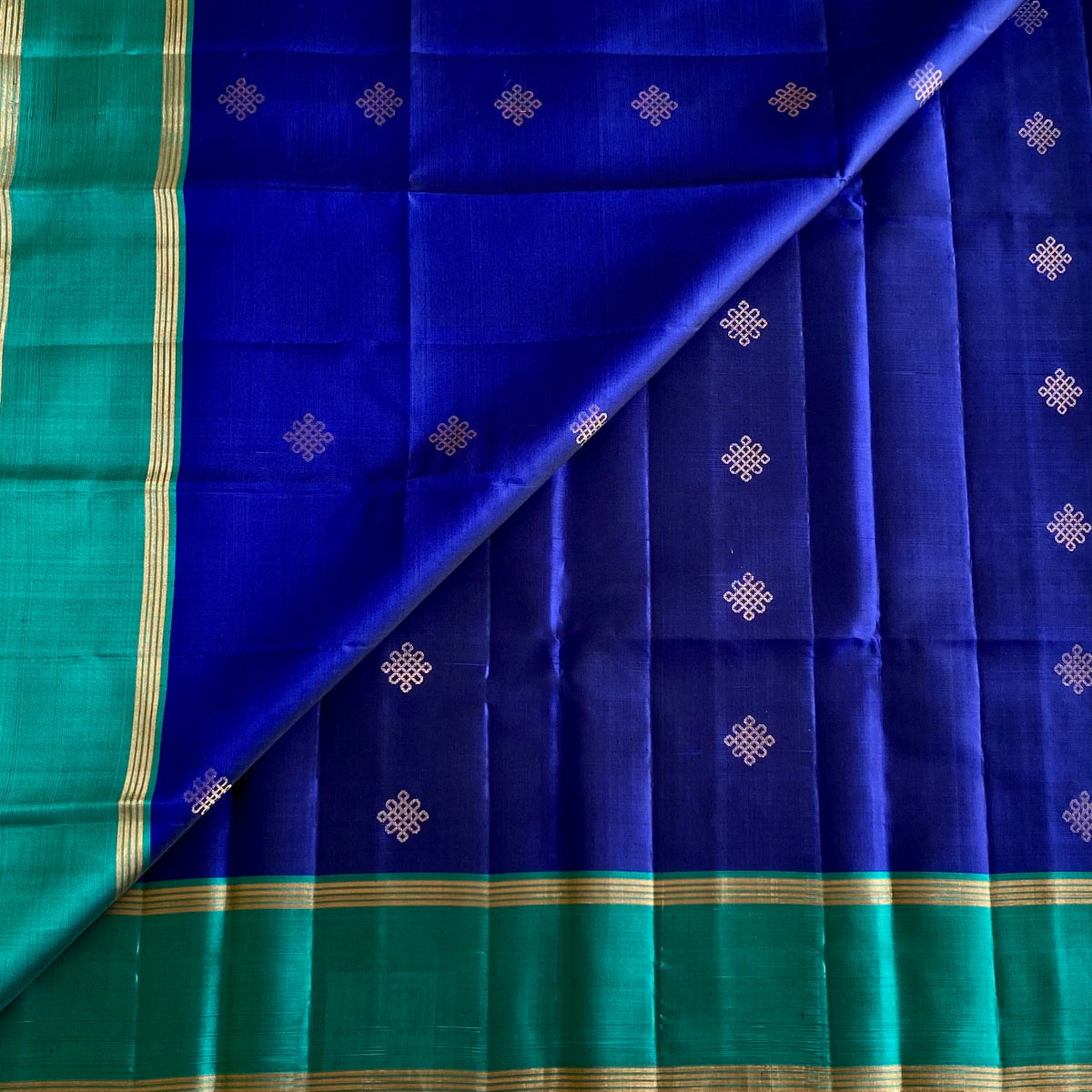 Royal Blue Kollam Zari Designer Pure Silk Saree With Sea Turquoise Pallu