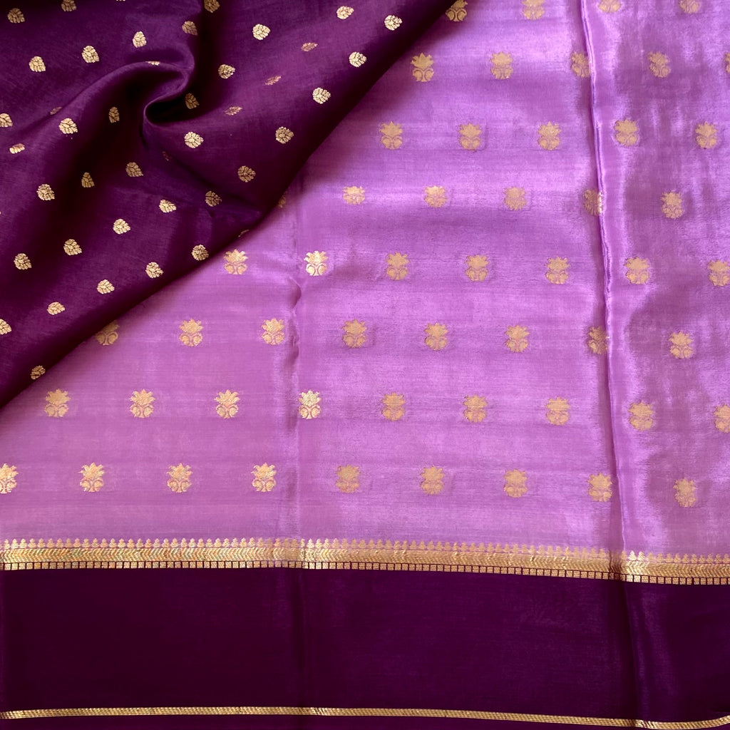 Lilac with deep purple soft crepe silk with zari woven buttas