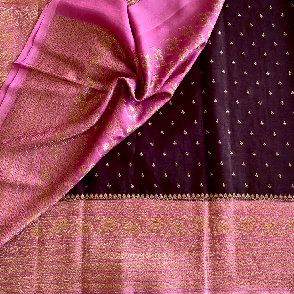 Wine Brown Banarasi Crepe Silk Saree With Rose Pink Pallu