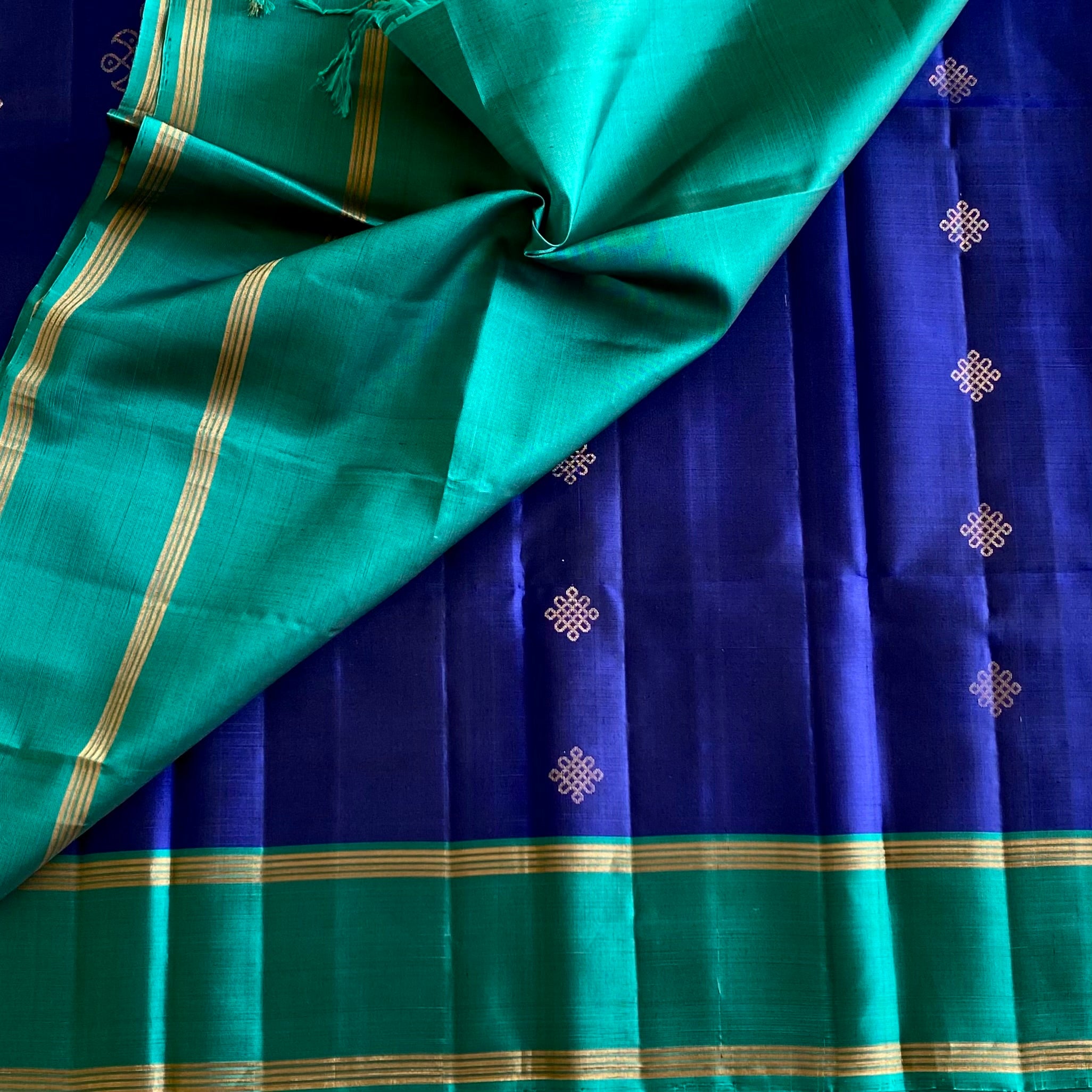 Royal Blue Kollam Zari Designer Pure Silk Saree With Sea Turquoise Pallu