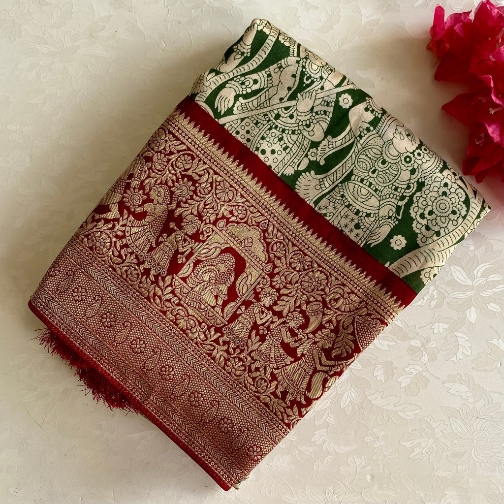 Forest Green Soft Kalamkari Tussar Silk Saree With Maroon Red Pallu