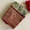 Forest Green Soft Kalamkari Tussar Silk Saree With Maroon Red Pallu