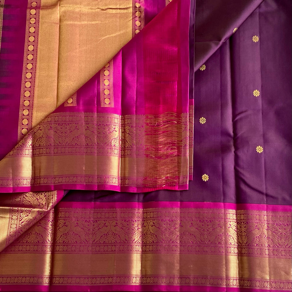 Deep Plum Kanjeevaram Pure Silk Saree With Magenta Border