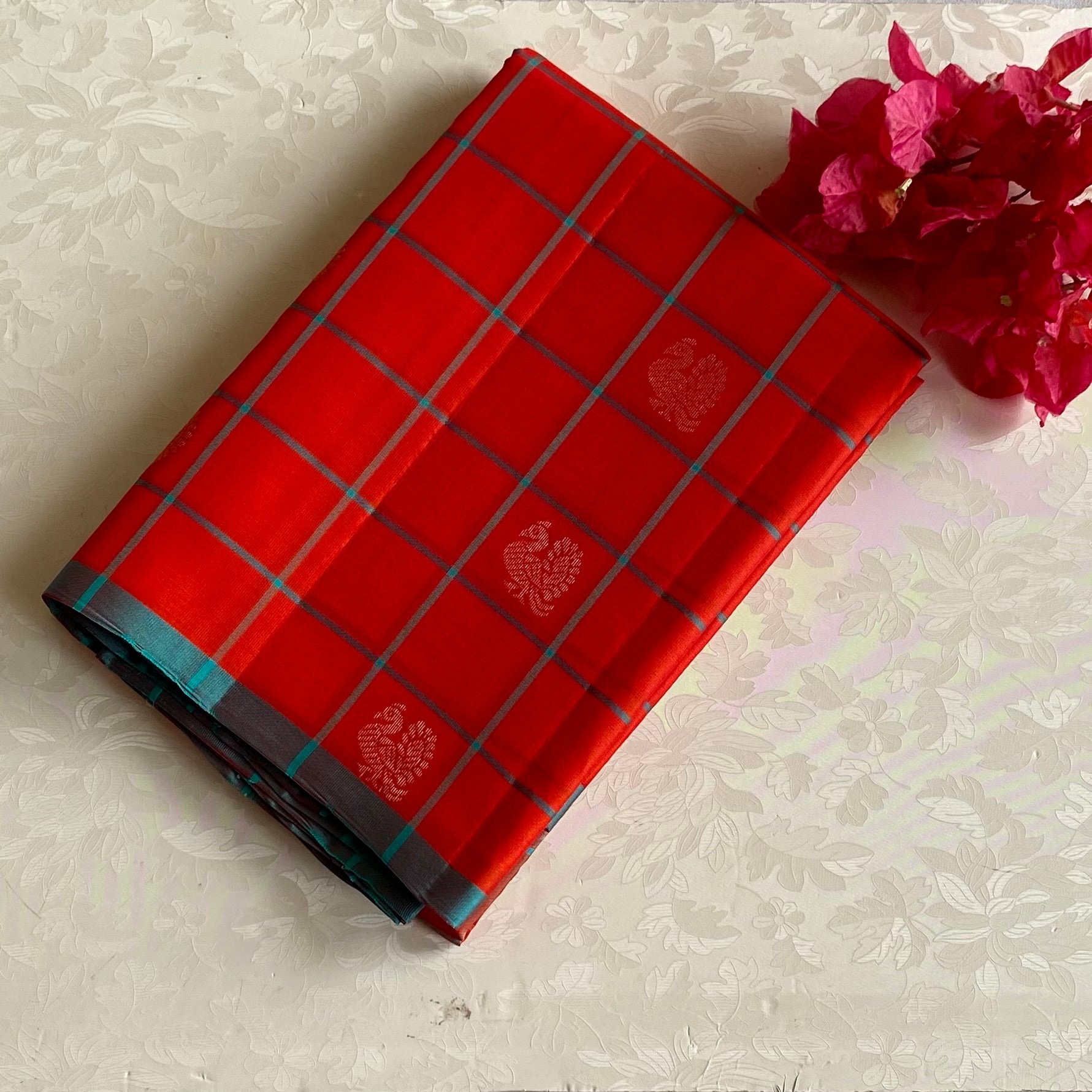 Vermilion Orange Designer Pure Silk Saree With Teal Pallu And Gold Zari