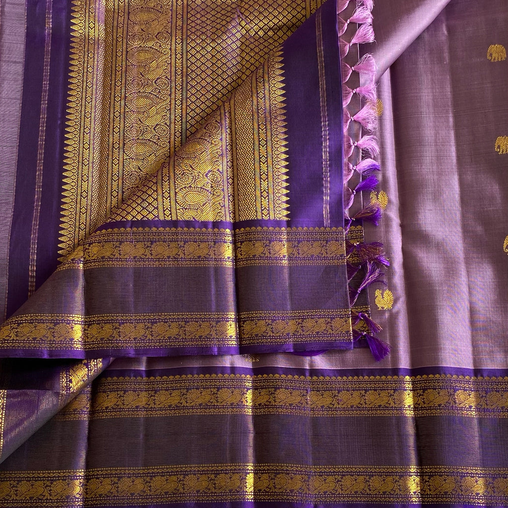 Dusty Lavender Kanjeevaram Pure Zari Silk Saree With Deep Purple Pallu
