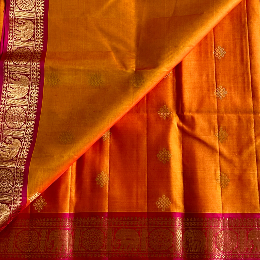 Sunset Orange Designer Pure Silk Kollam Zari Weave & Rani Pink Contrast