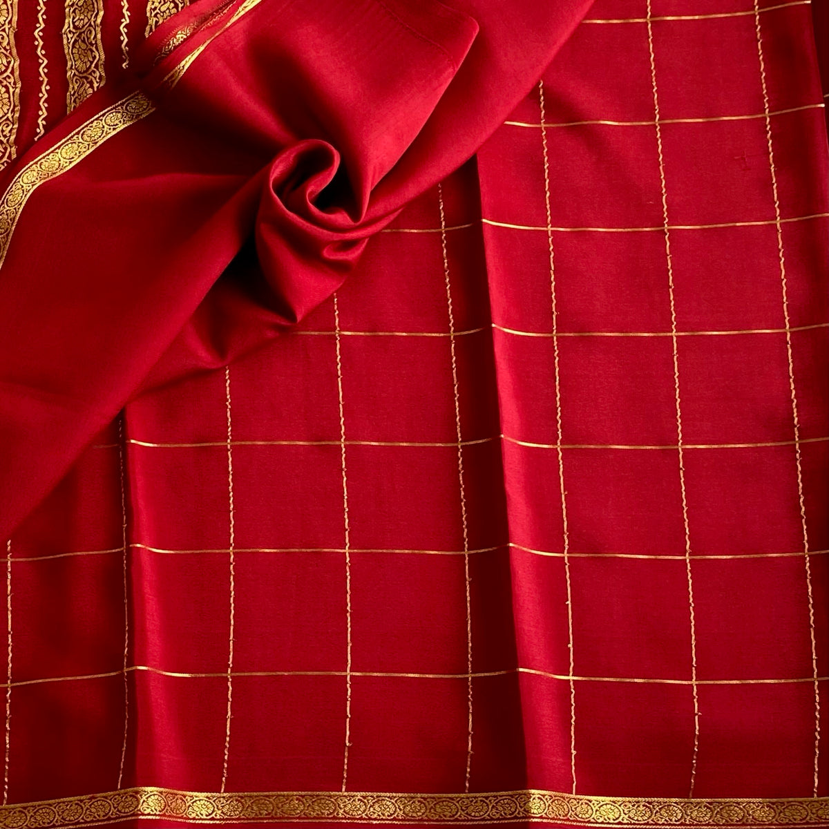 Maroonish Crimson Red Mysore Crepe Silk Saree With Gold Striped Pallu