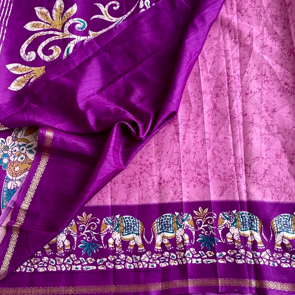 Lotus Pink Elephant Borders with Violet Printed Soft Cotton