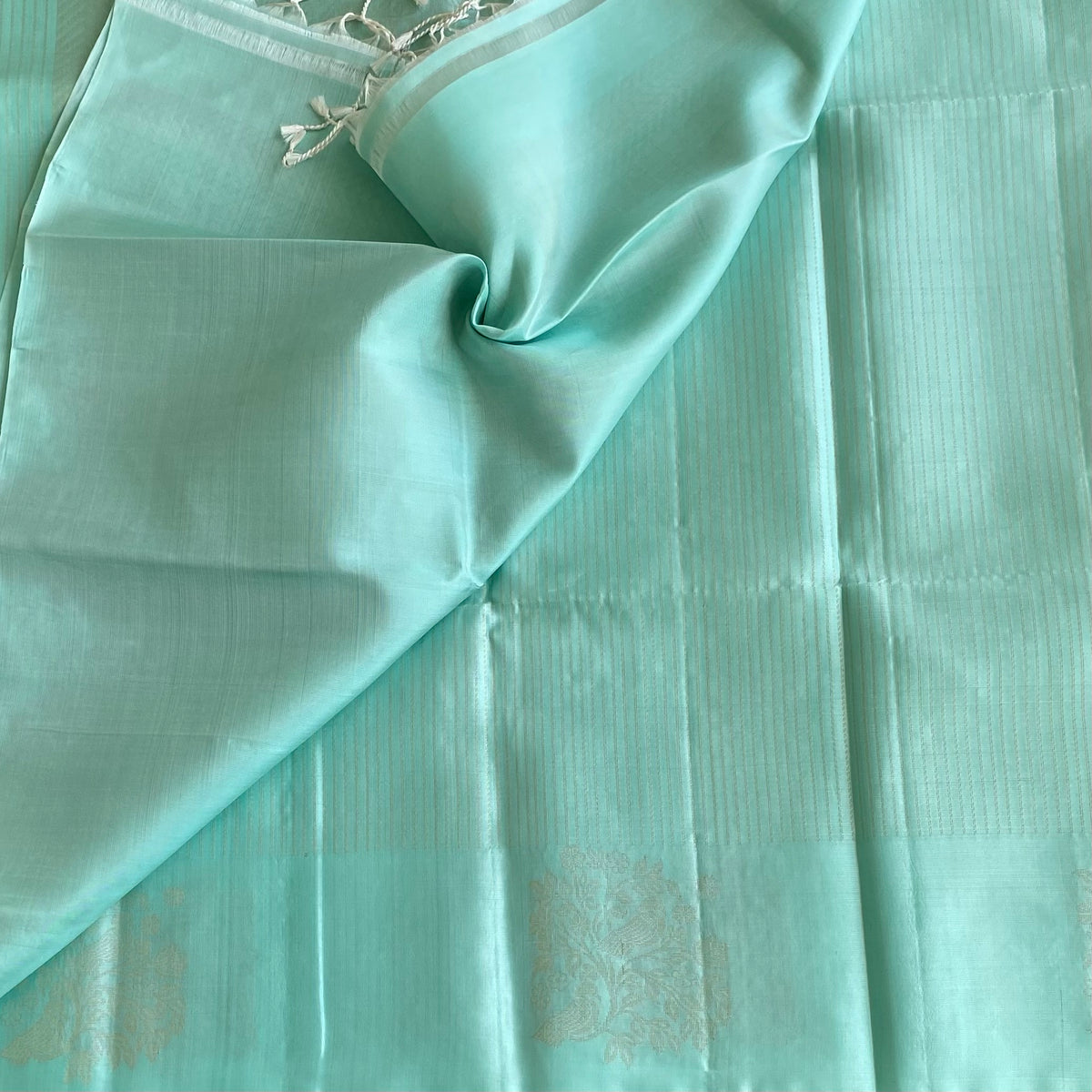 Pastel Sea Designer Pure Silk Saree With Antique Gold Pallu