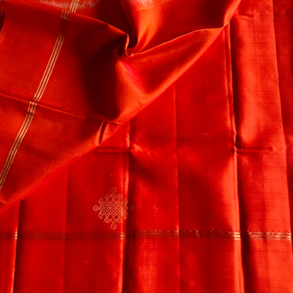 Kanakambari Orange Designer Pure Silk Saree With Metallic Gold Kollam Zari