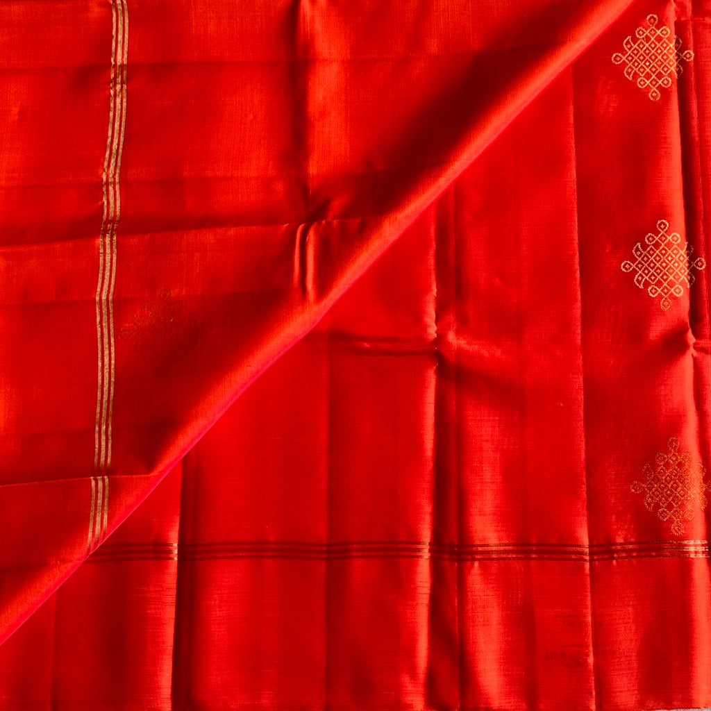 Kanakambari Orange Designer Pure Silk Saree With Metallic Gold Kollam Zari
