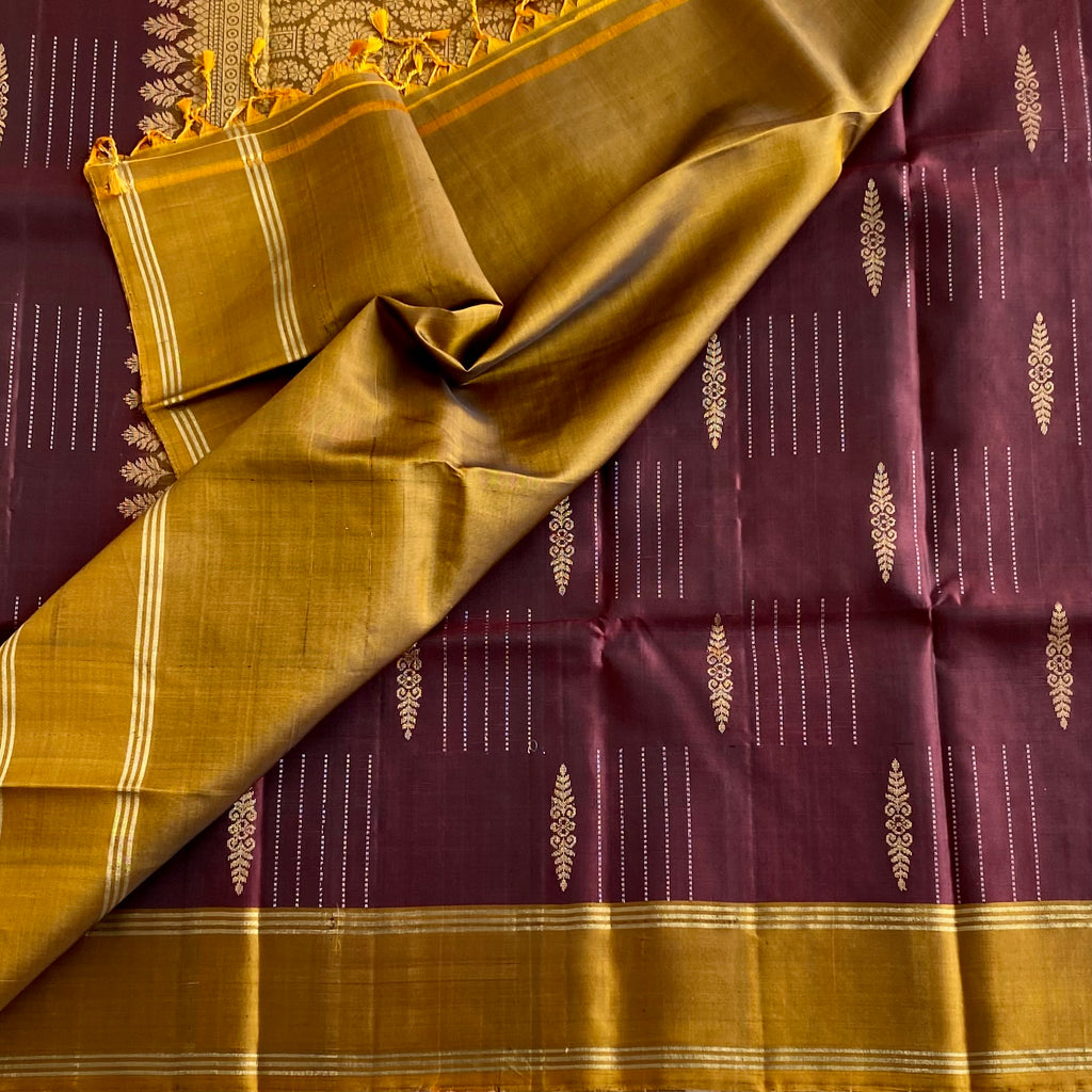 Chocolate Wine Designer Pure Silk Saree With Mustard Gold Pallu