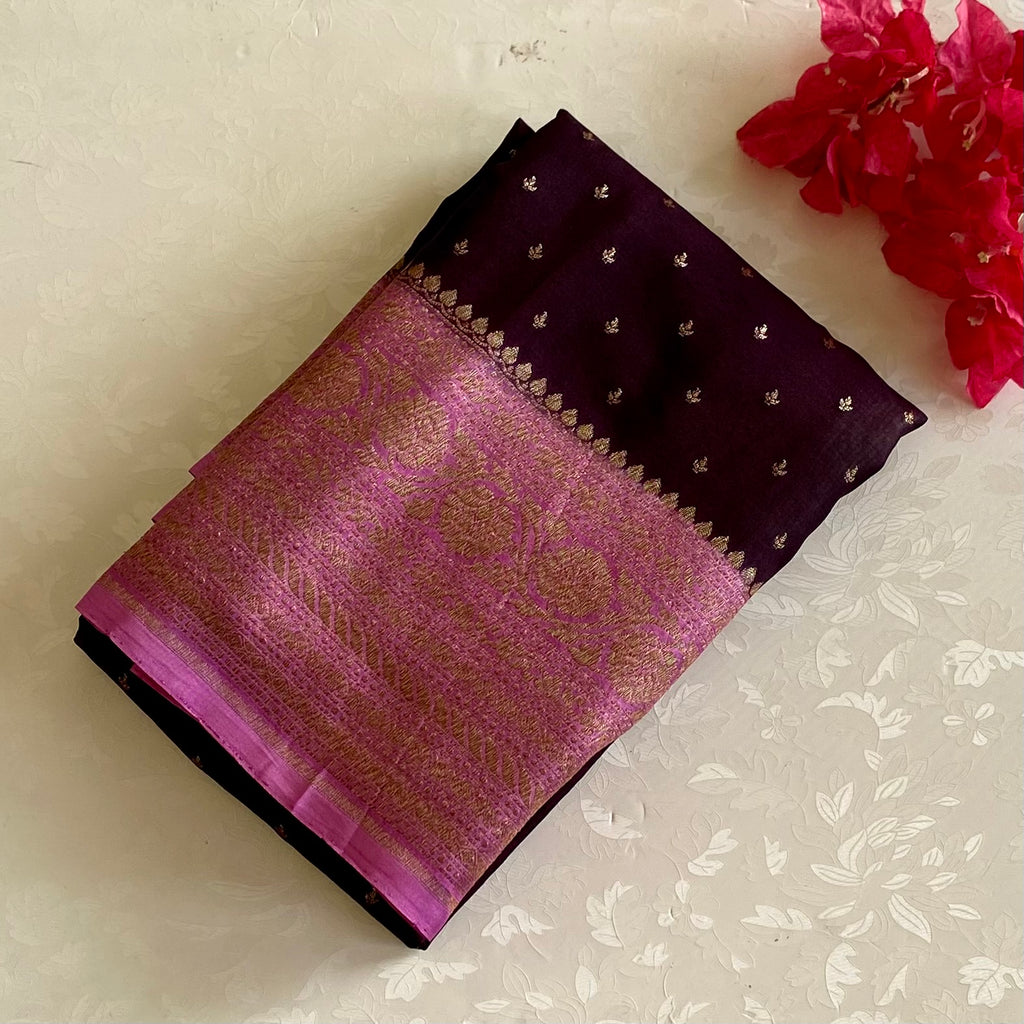 Wine Brown Banarasi Crepe Silk Saree With Rose Pink Pallu