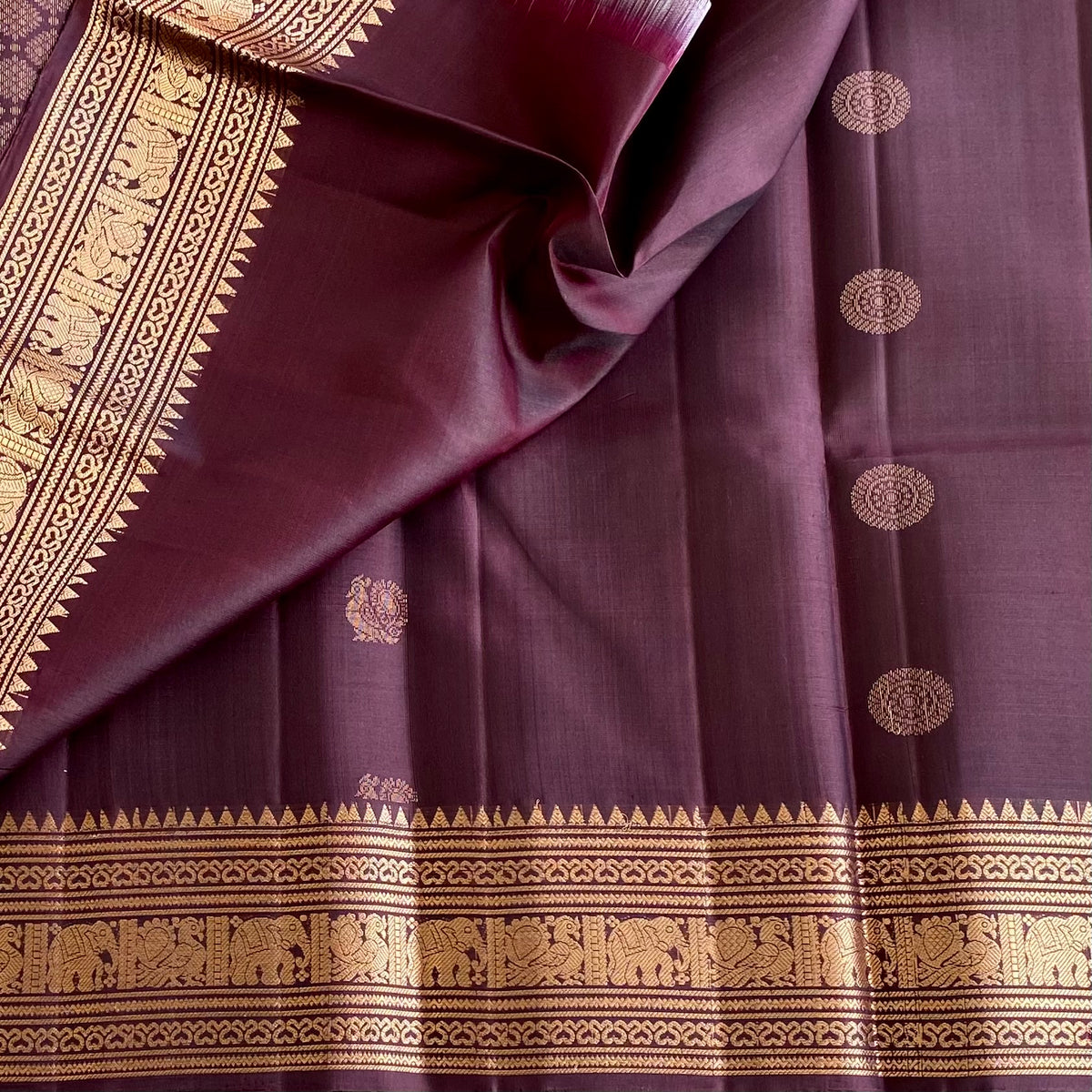 Deep Brownish Plum Antique Gold Designer Pure Silk Saree With Temple Borders