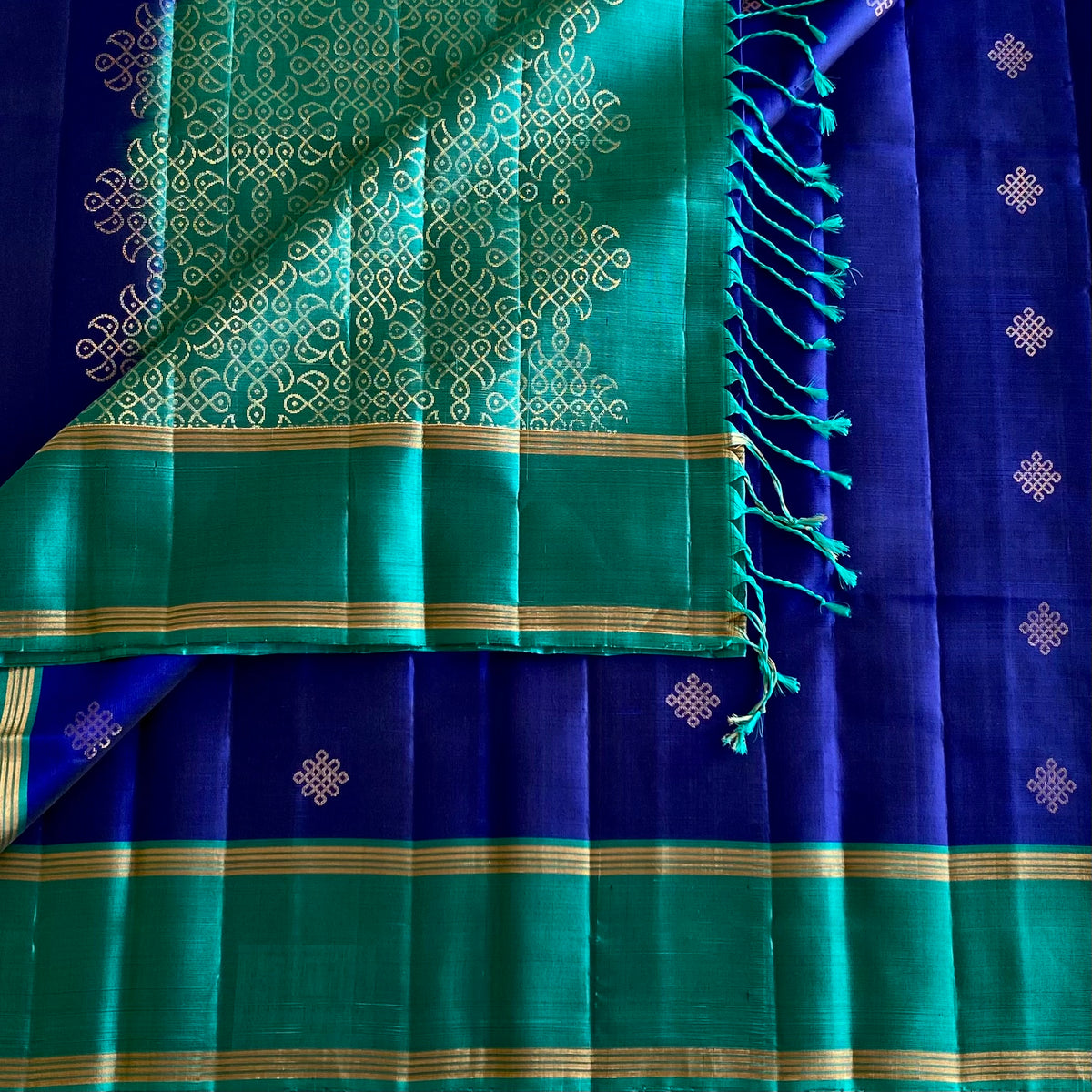 Royal Blue Kollam Zari Designer Pure Silk Saree With Sea Turquoise Pallu
