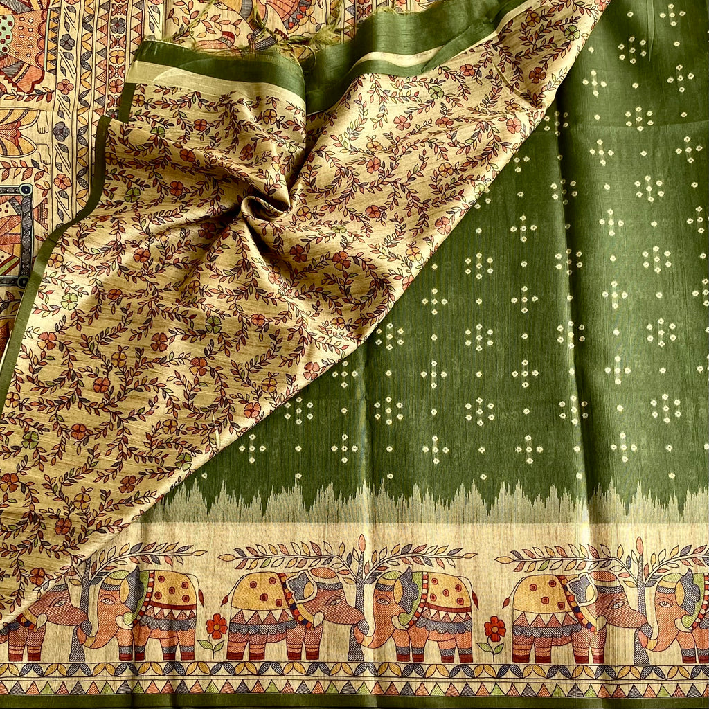 Olive Green Soft Tusaar Silk with Printed Designer Warli Borders & Pallu