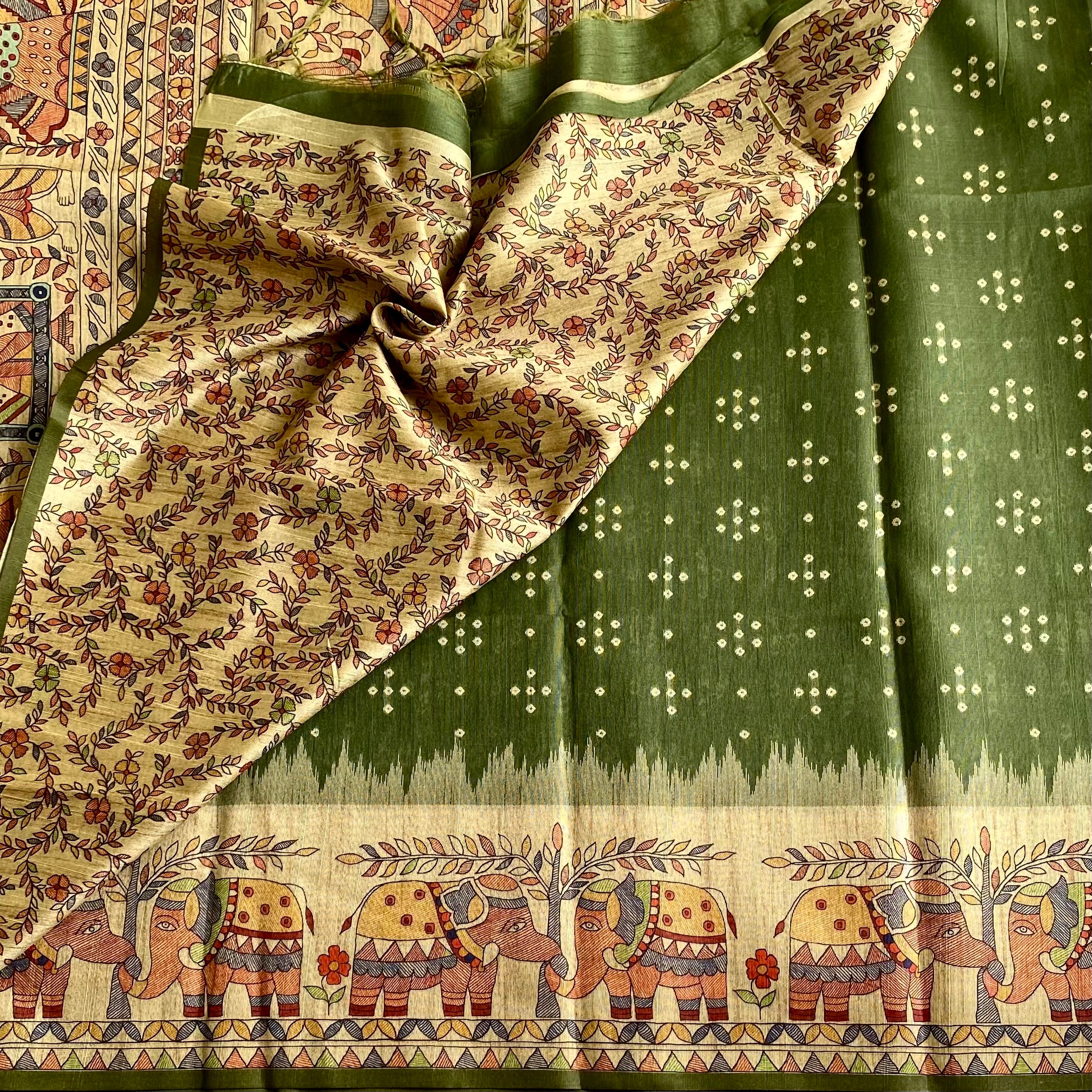 Olive Green Soft Tusaar Silk with Printed Designer Warli Borders & Pallu