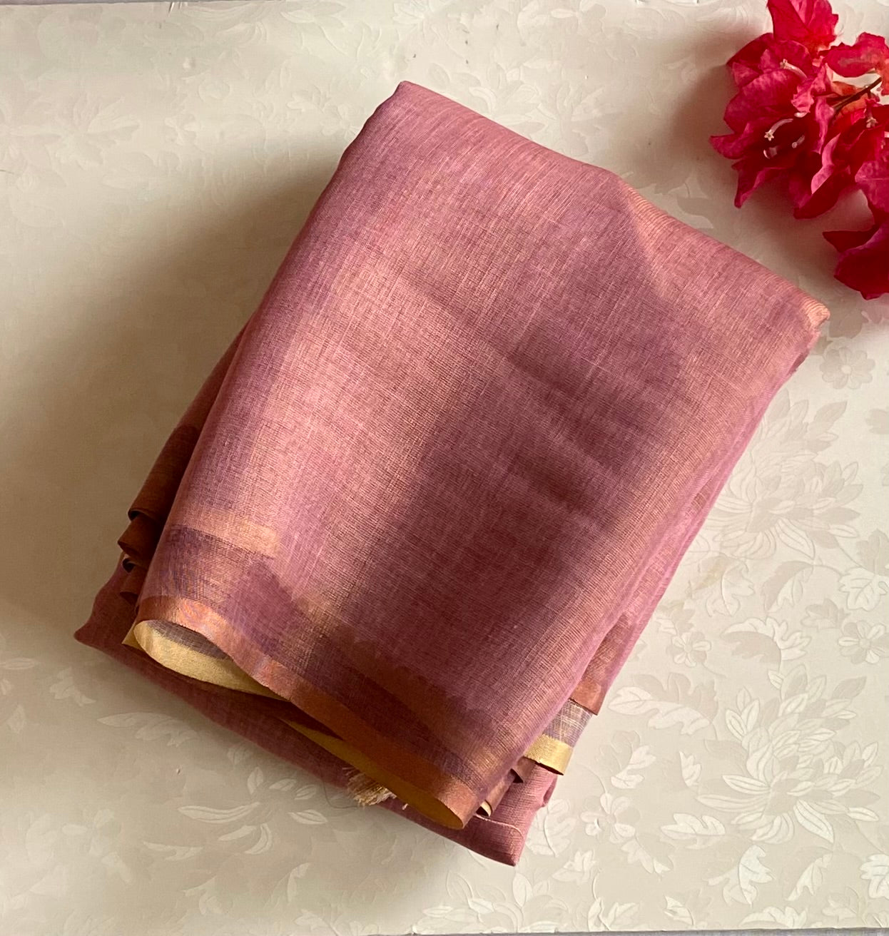Elegant Dusty Rose Floral french knot Embroidered Saree With antiqueGold Tassel Border