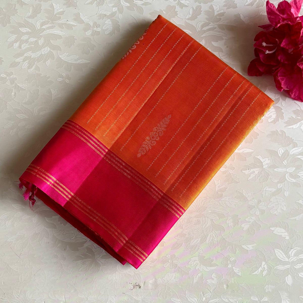 Sunset Orange & Rani Pink Designer Pure Silk With Zari Weave