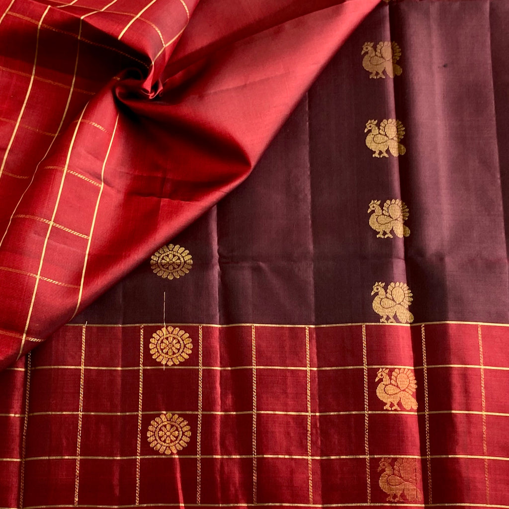 Deep Coffee Designer Pure Silk Saree With Scarlet Maroon Pallu