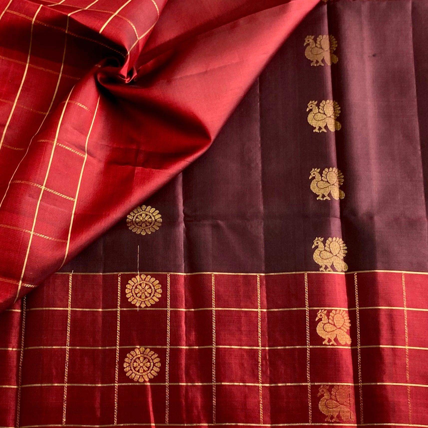 Deep Coffee Designer Pure Silk Saree With Scarlet Maroon Pallu