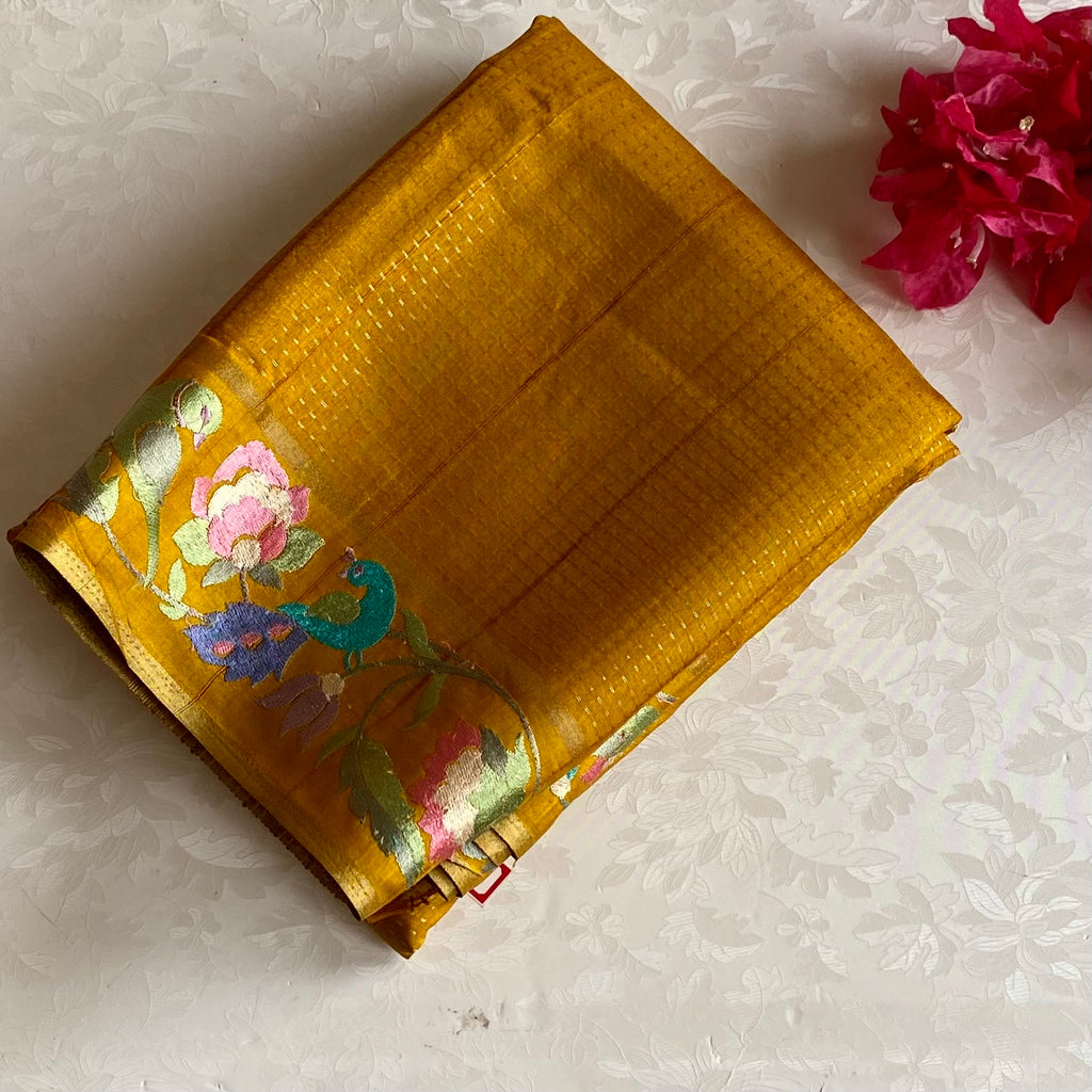 Golden Yellow Soft Tussar Silk With Designer Floral Embroidered Borders & Pallu