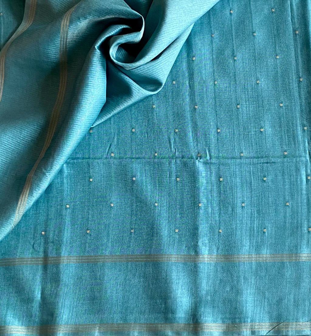 Elegant Powder Blue Soft Premium Tussar With Tiny Zari Woven Buttas