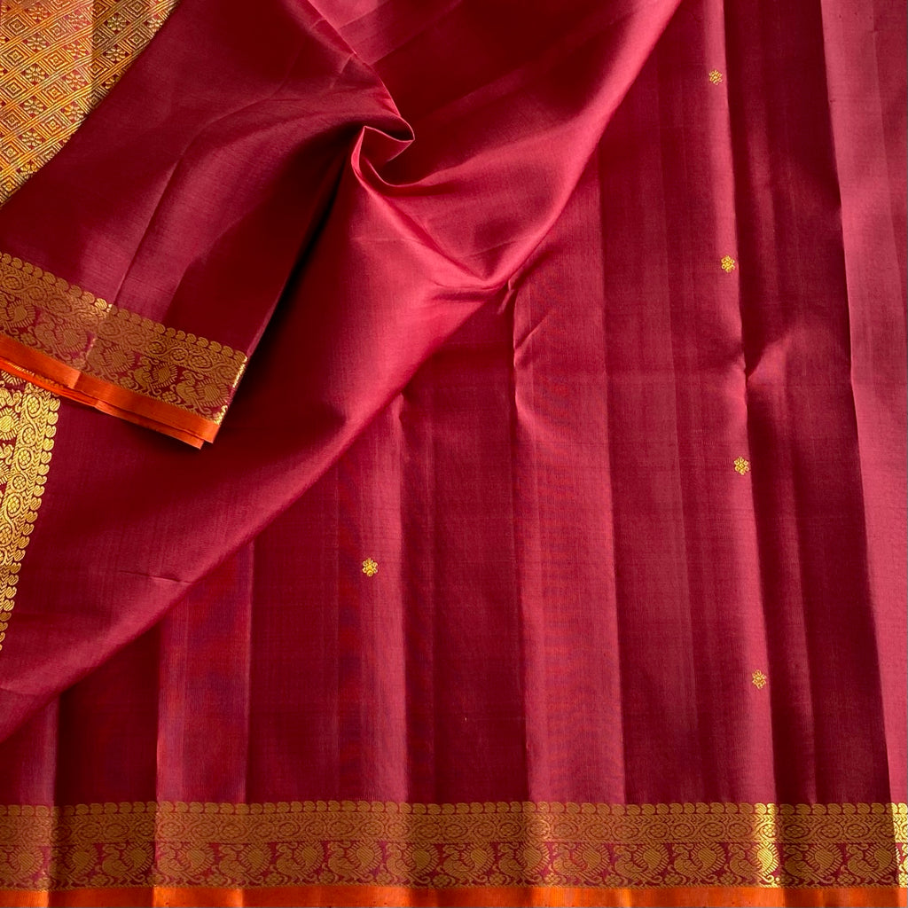 Deep Maroonish Red Kanjeevaram Pure Zari Silk Saree With Antique Gold Pallu