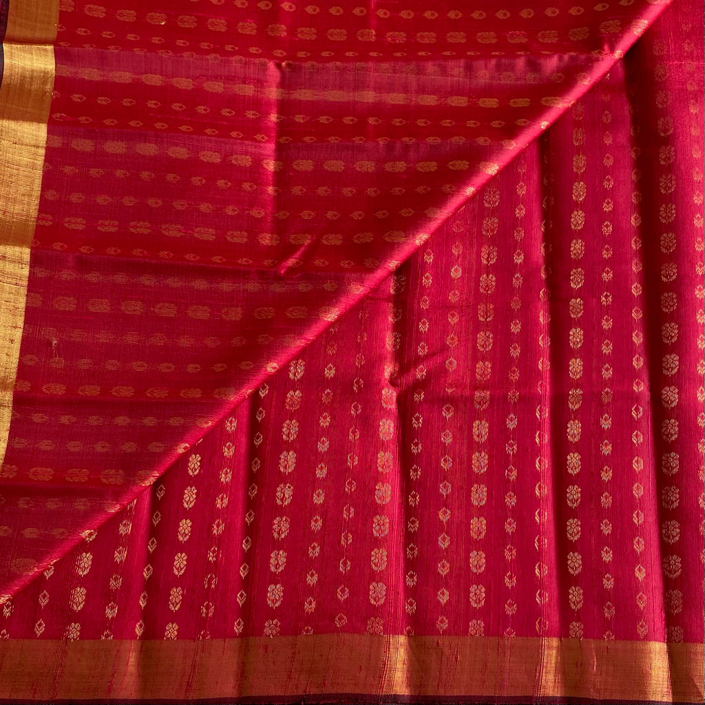 Tomato Pink with Violet Purple Handwoven Pure Raw Silk