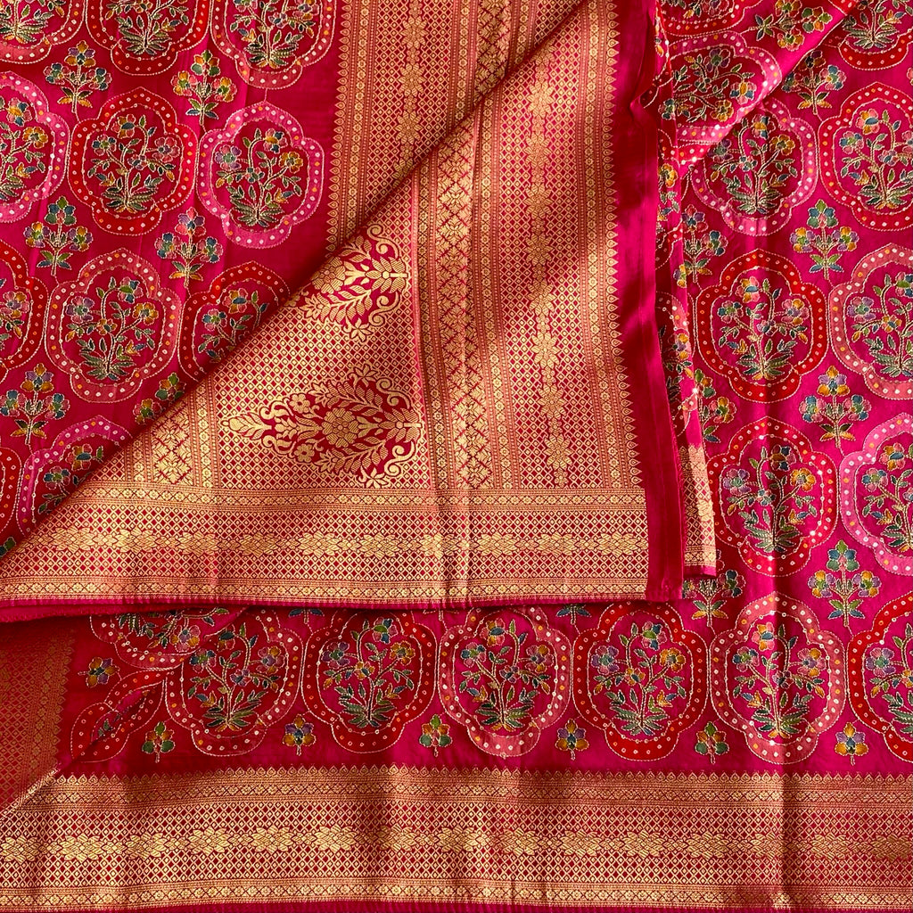 Designer Rani Pink Soft Tussar With Meenakari weave With Antique Gold Pallu