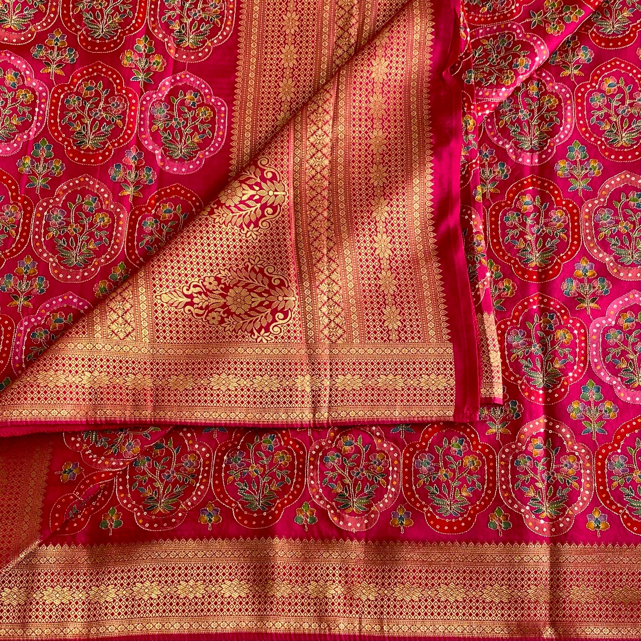 Designer Rani Pink Soft Tussar With Meenakari weave With Antique Gold Pallu