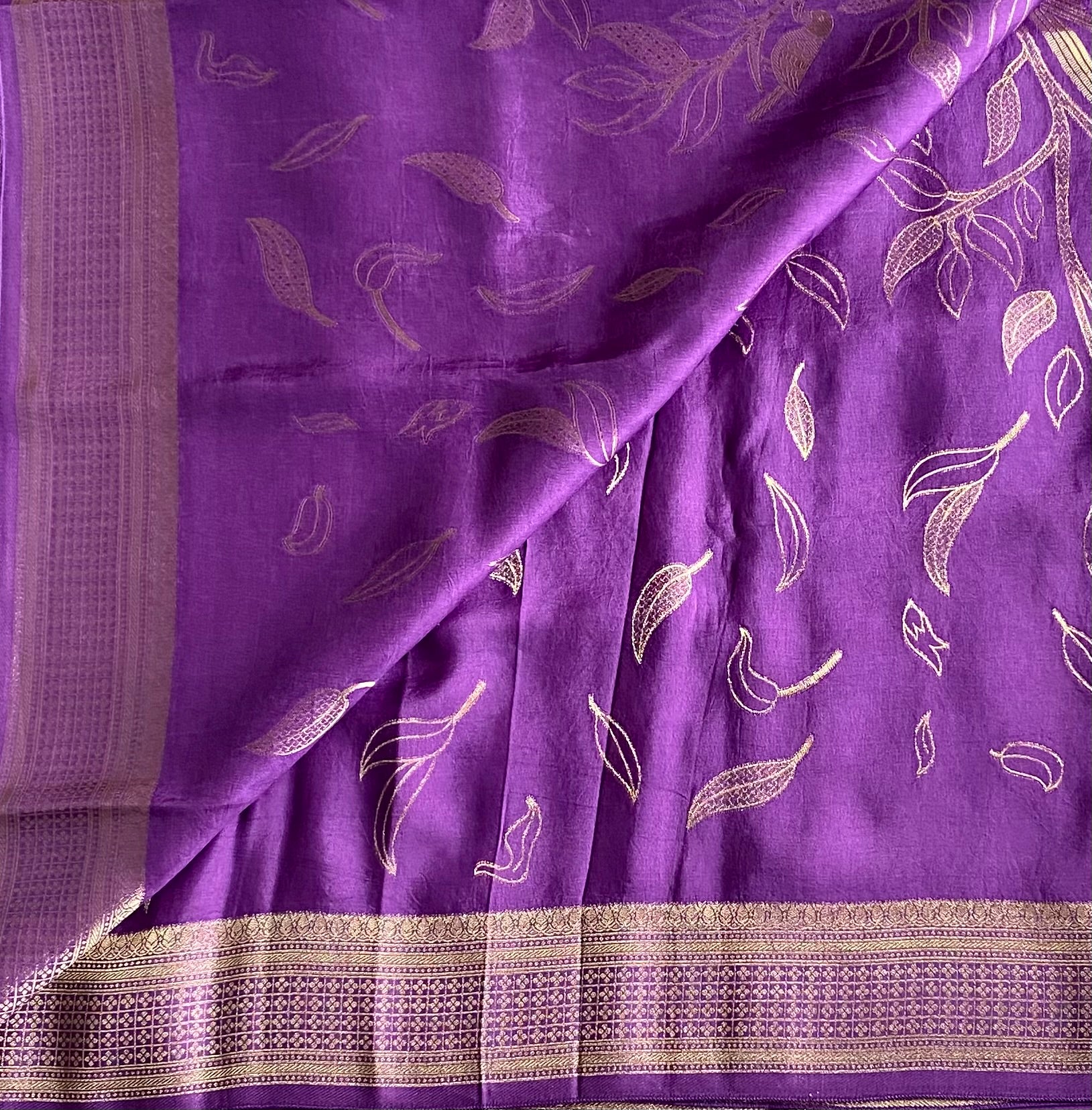Metallic lavender soft crepe Silk Saree designer Gold Bird Leaf Woven Pallu Border