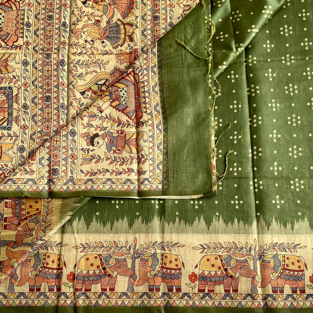 Olive Green Soft Tusaar Silk with Printed Designer Warli Borders & Pallu