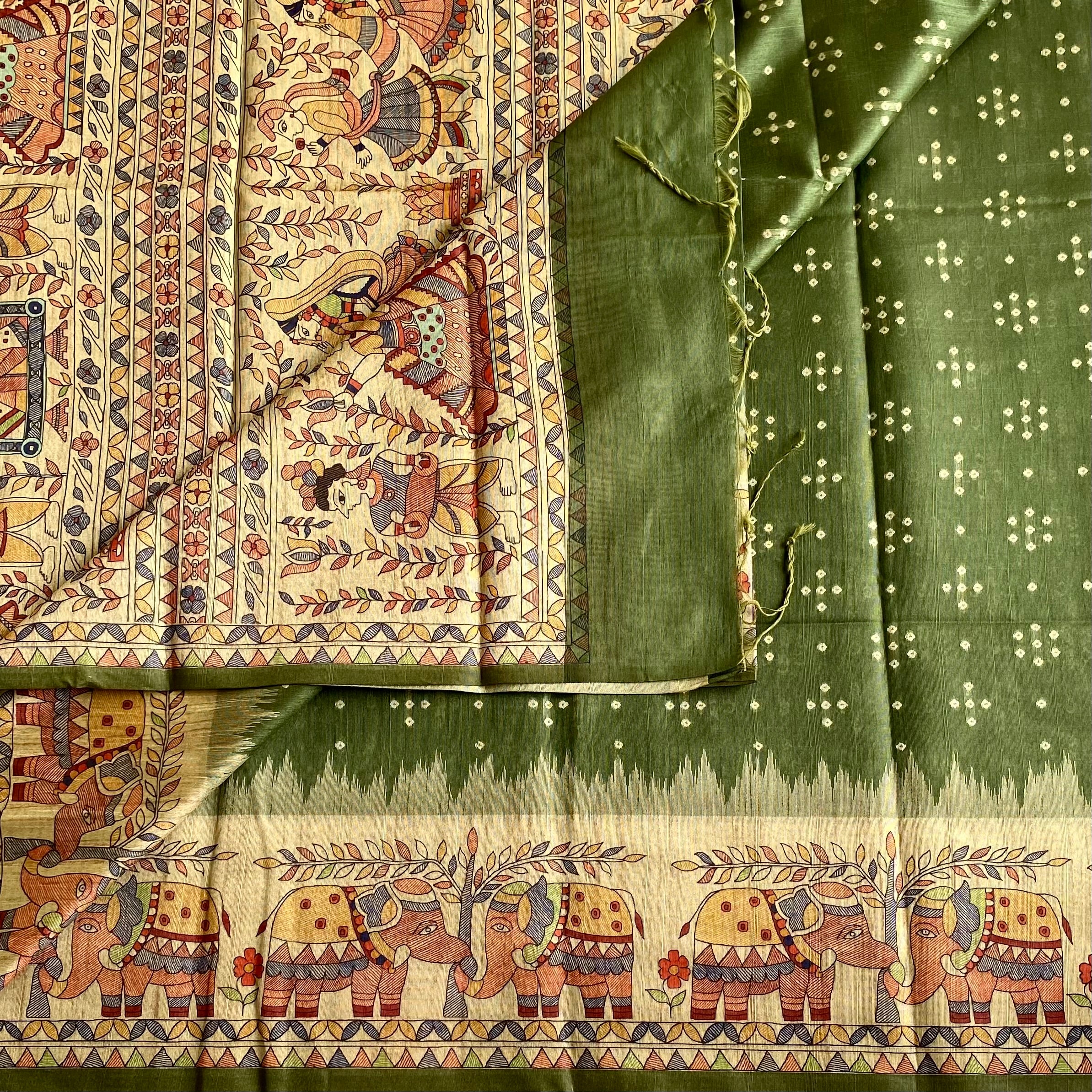 Olive Green Soft Tusaar Silk with Printed Designer Warli Borders & Pallu