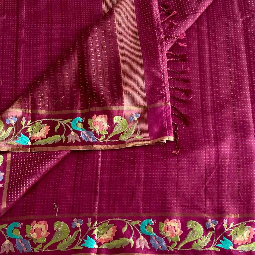 Wine Magenta Silk With Designer Floral Embroidered Borders & Pallu