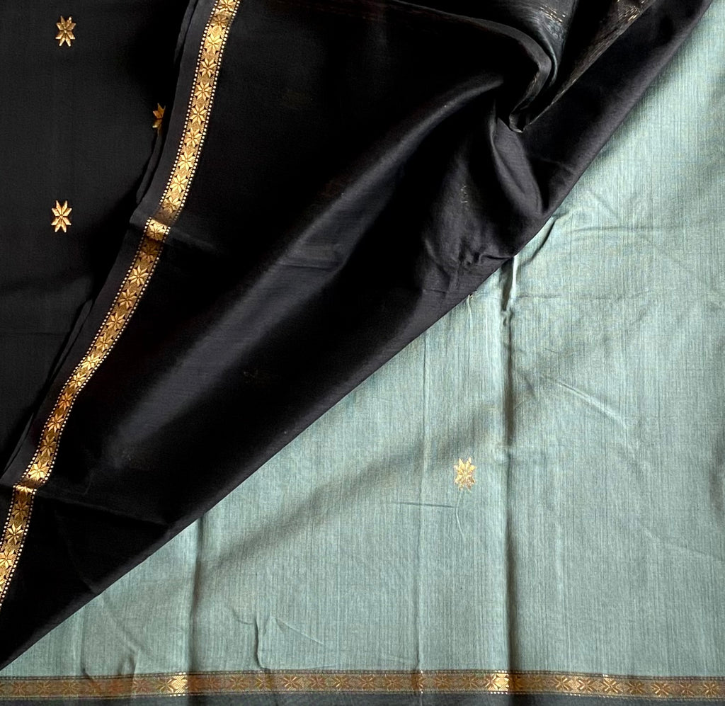Stunning rare sage green with black handwoven Maheshwari silk cotton