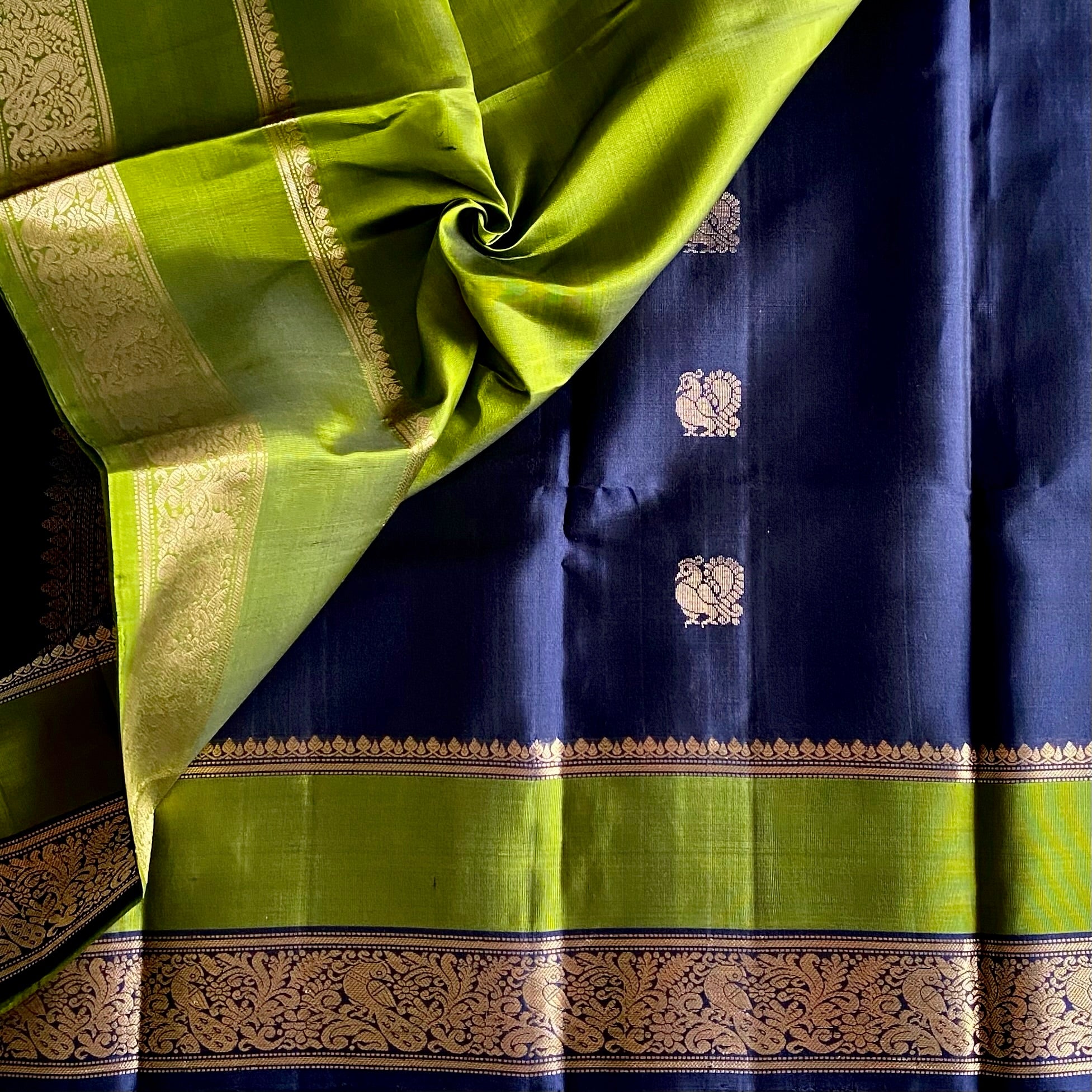 Midnight Navy Blue Designer Pure Silk Saree With Olive Green Pallu