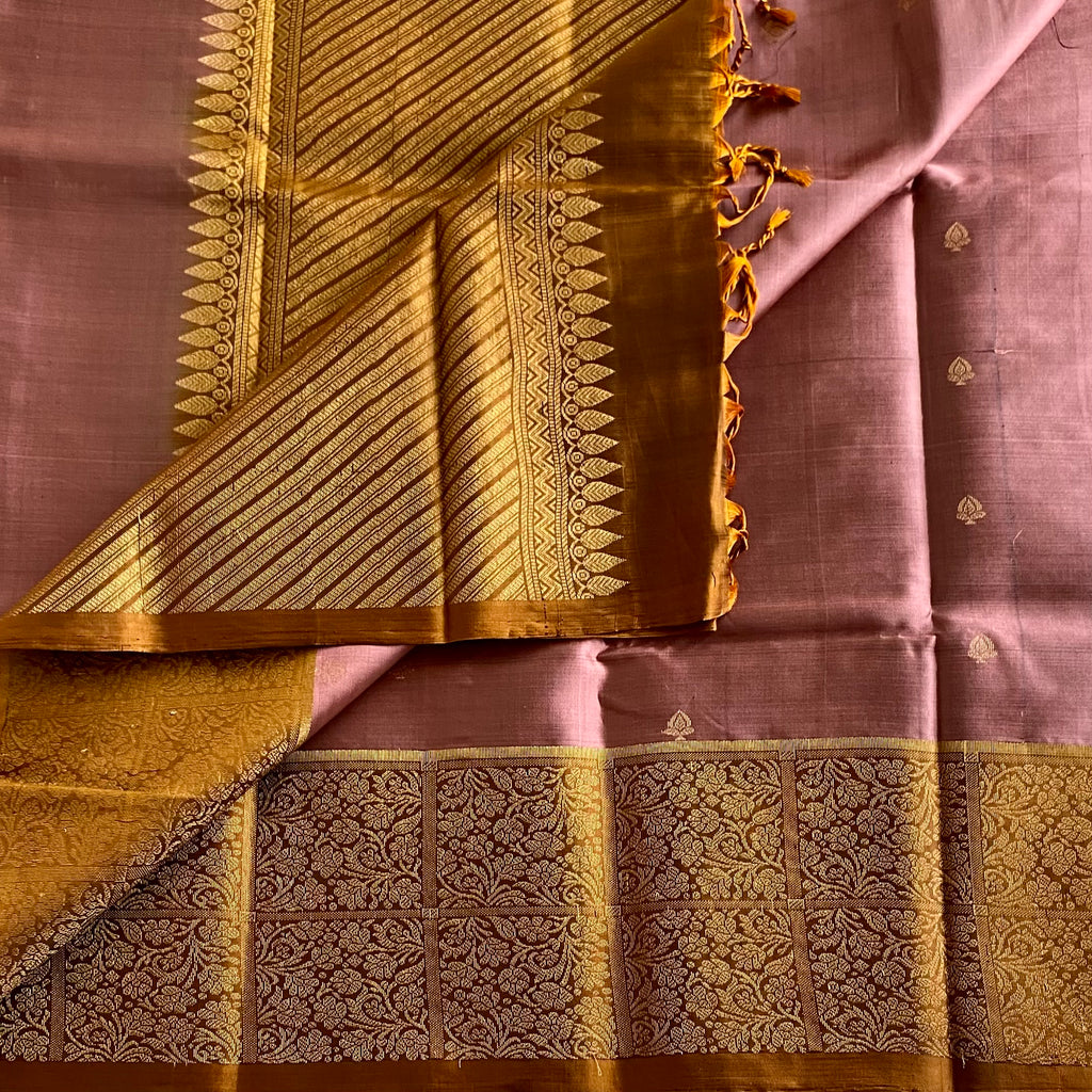Dusky Mauve Designer Pure Silk Saree With Antique Gold Pallu