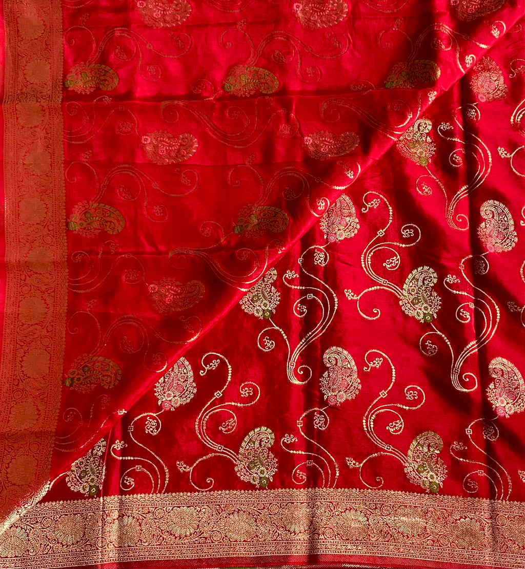 Crimson Gold Brocade Blended Designer Silk With Zari woven Paisley Motifs And Pallu