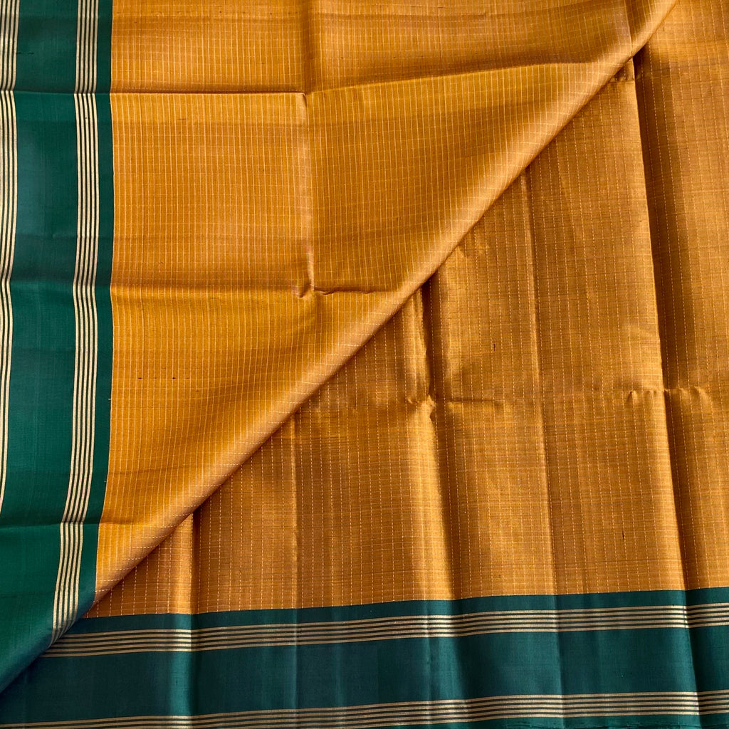 Jaggery Mustard Designer Pure Silk Saree With Bottle Green Pallu