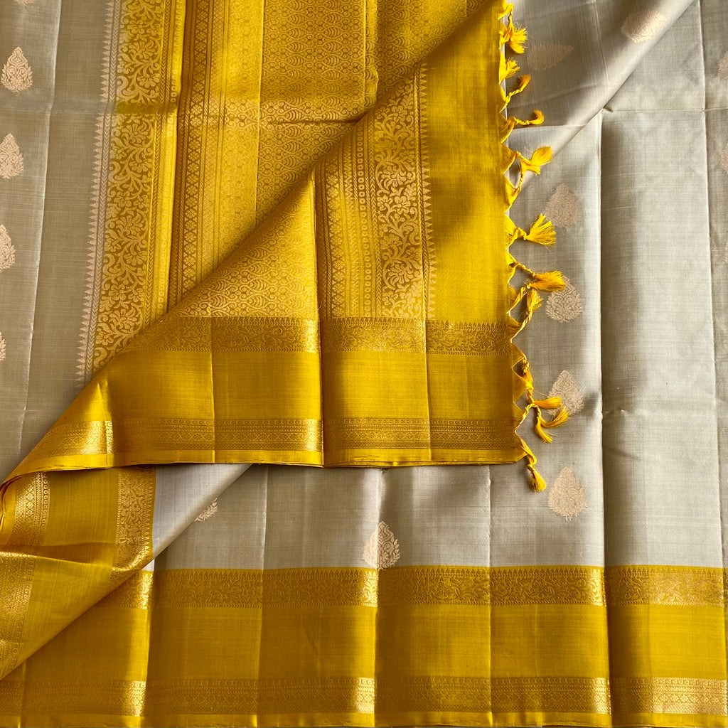 Silver Beige Designer Pure Silk Saree With Mustard Yellow Pallu