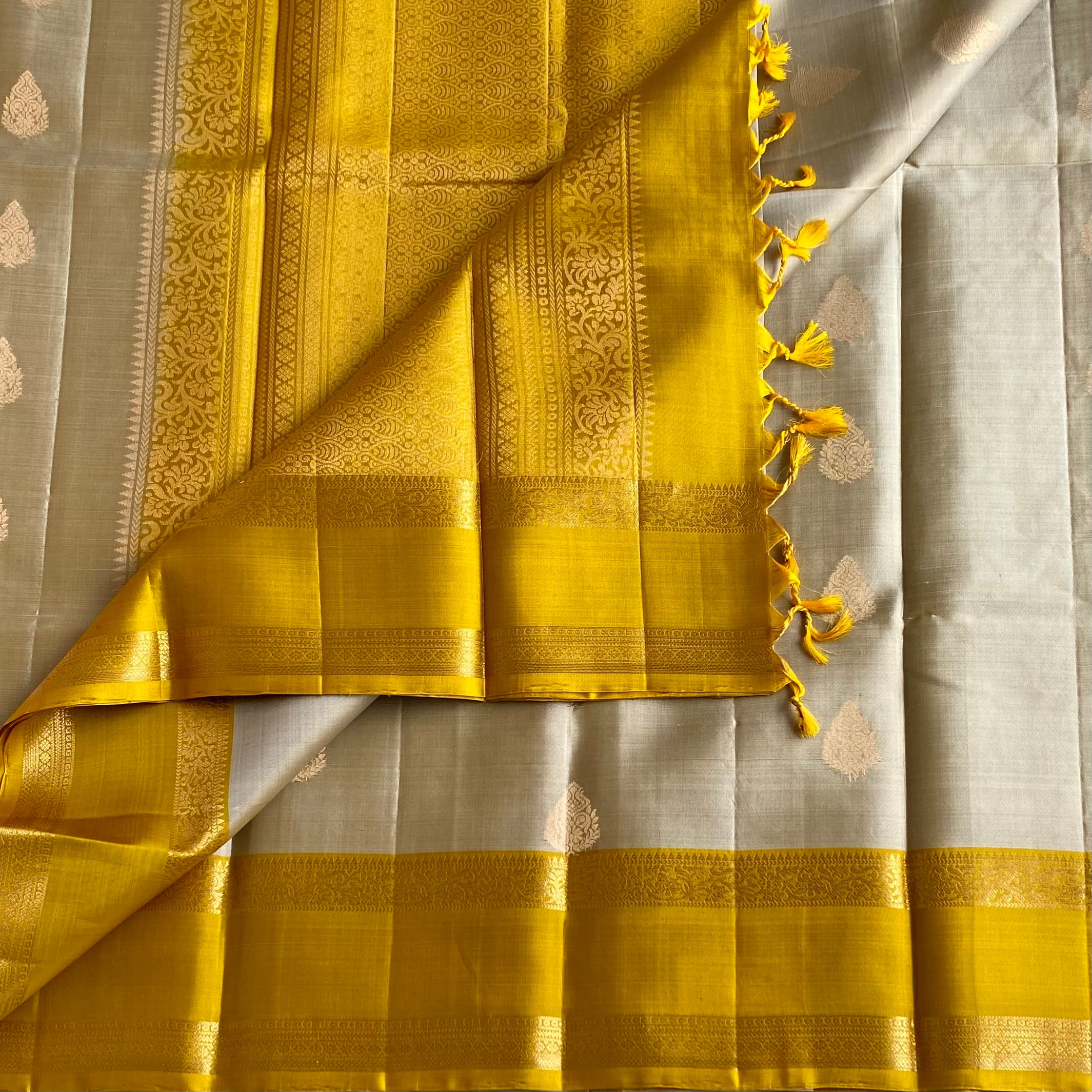 Silver Beige Designer Pure Silk Saree With Mustard Yellow Pallu
