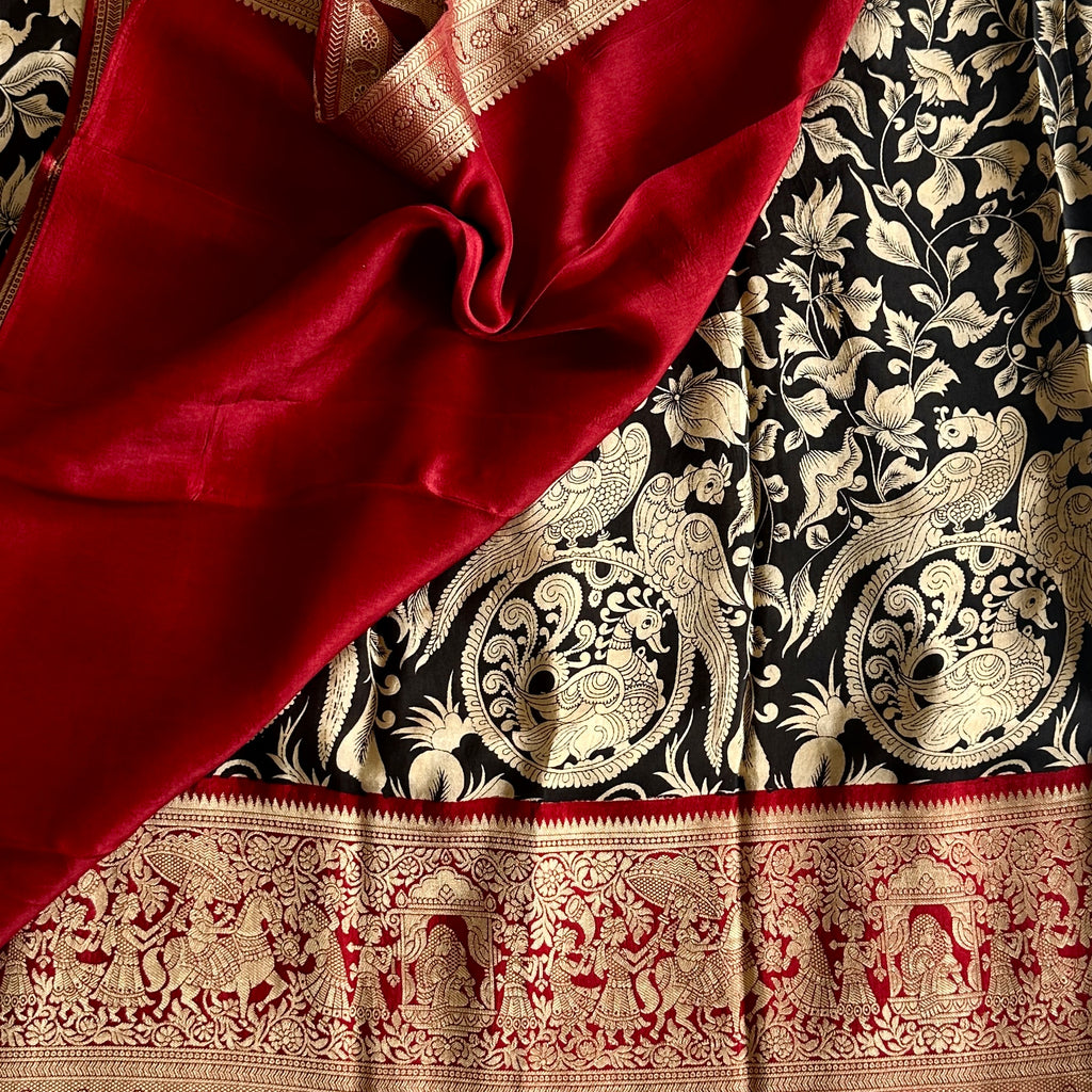 Jet Black Kalamkari Soft Tussar Silk Saree With Deep Maroon Pallu