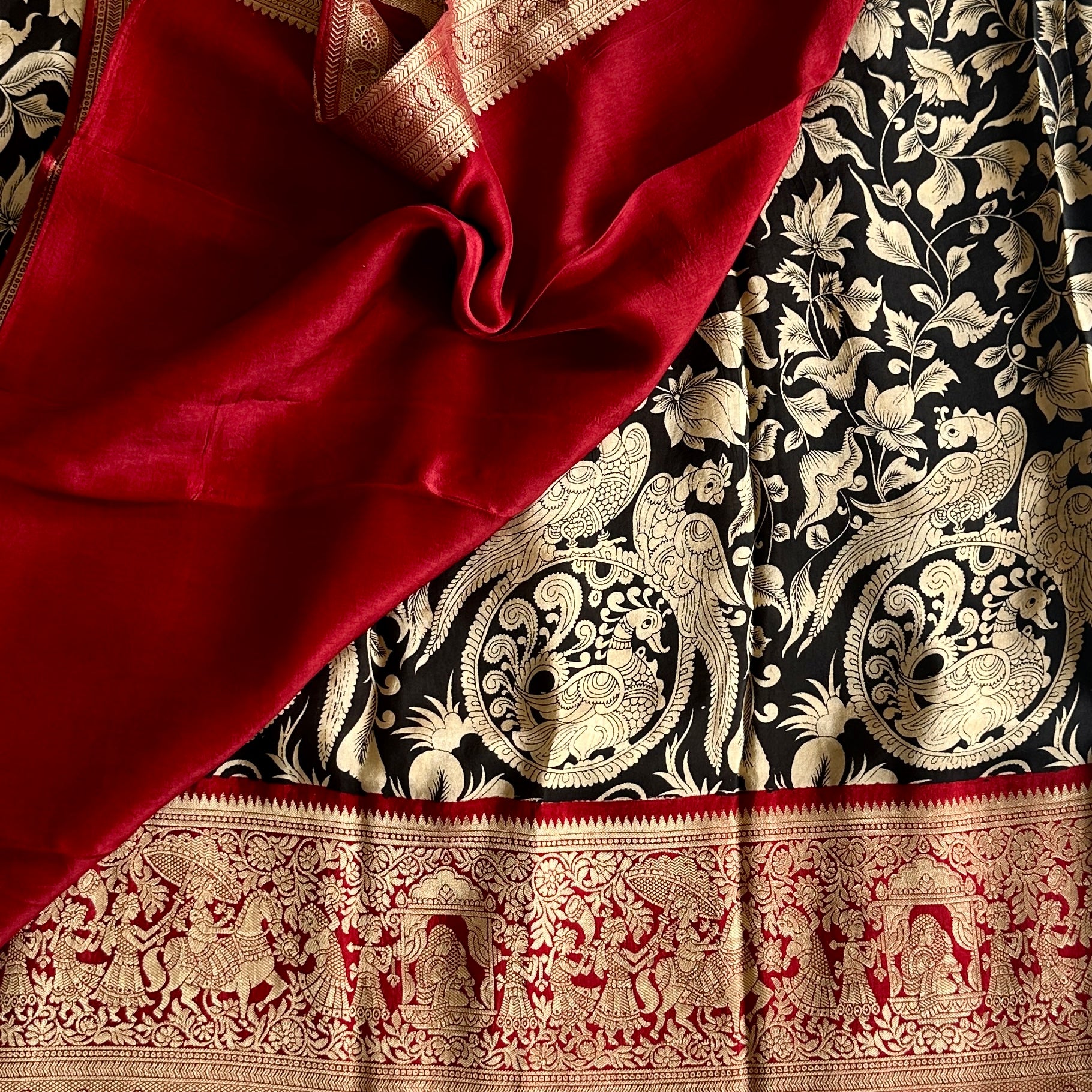 Jet Black Kalamkari Soft Tussar Silk Saree With Deep Maroon Pallu